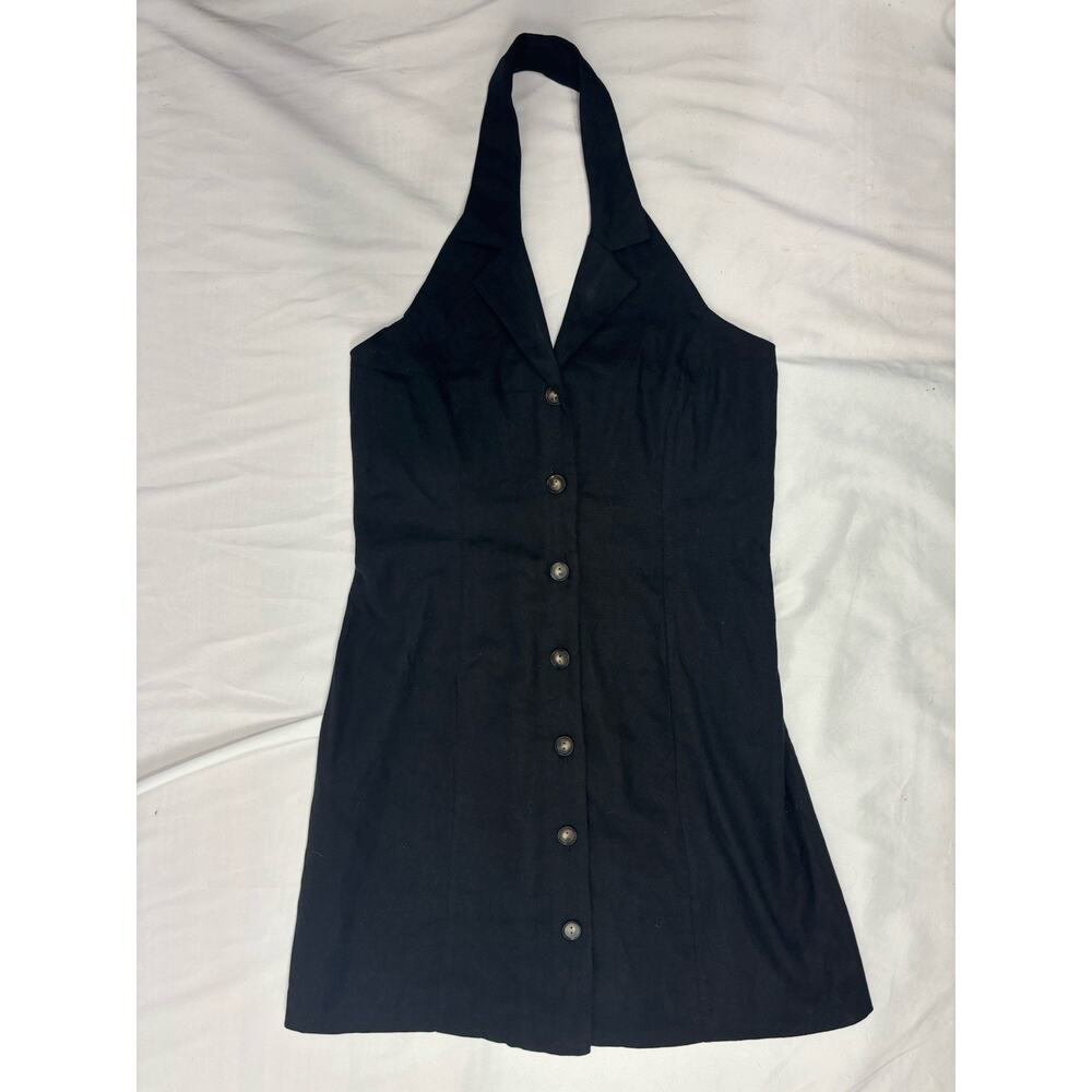NWT Monteau Los Angeles Black Halter Shirt Dress Linen Blend Button Up Size L